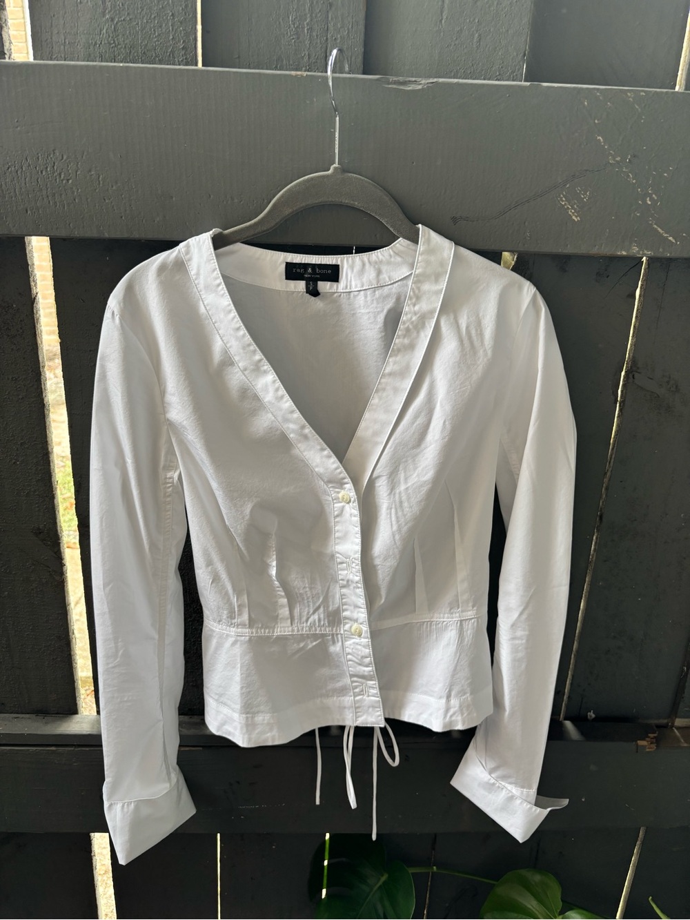 rag & bone White V-Neck Button-Front Drawstring Blouse
